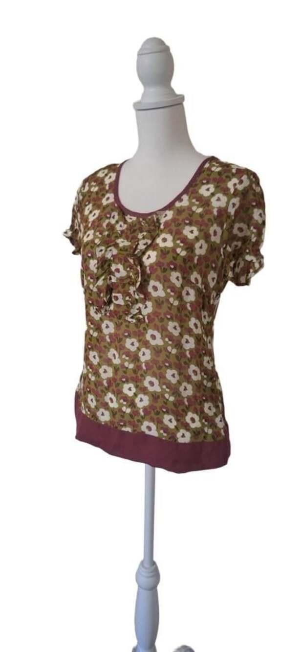 Boden Floral Sheer Ruffle Front Top Olive Green Rose Size 10 Made in Turkey